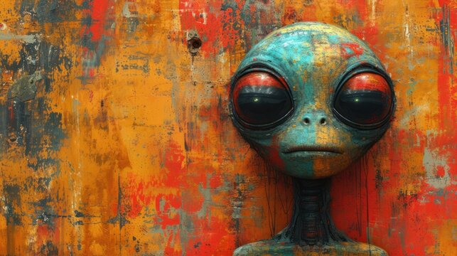  a close up of a statue of an alien with big eyes on a yellow, red, and orange background with a grungy, peeling, peeling paint - chipped wall.