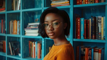 Young woman in glasses posing in front of a bookshelf. casual style, modern setting. relaxed educational environment portrait. AI