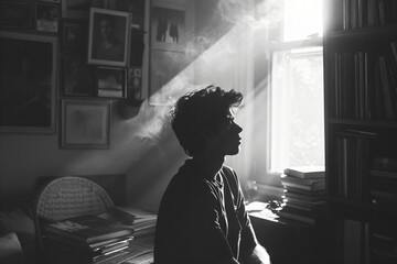 Silhouette of man in a sunlit room with smoke. Dramatic black and white photography concept for design and print - obrazy, fototapety, plakaty