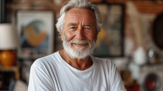  a close up of a person with a white beard and a white t - shirt in a room with pictures on the wall and a lamp on the wall behind him.