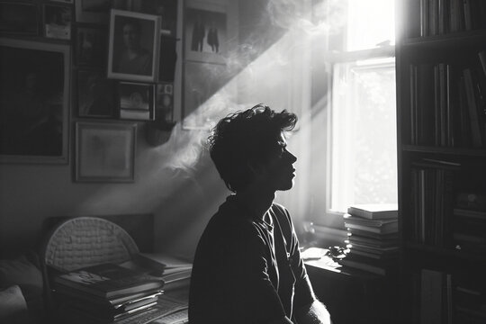 Fototapeta Silhouette of man in a sunlit room with smoke. Dramatic black and white photography concept for design and print