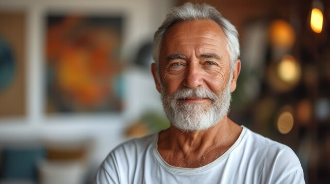  a close up of a person with a white beard and a white t - shirt in a room with pictures on the wall and a lamp in the back ground.