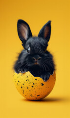 Fototapeta na wymiar A tender and adorable furry black bunny inside an Easter egg shell against a solid yellow background, copy space