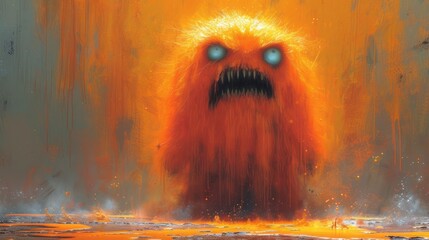  a painting of a monster with blue eyes and a glowing orange body of water in front of a yellow and orange background with a spook - eyed monster in the foreground.
