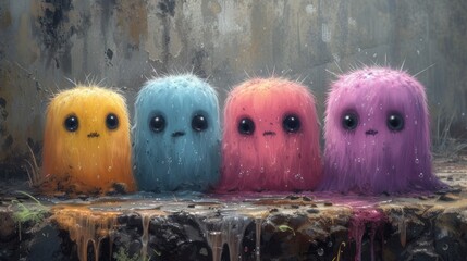  a group of three little monsters sitting next to each other on top of a piece of wood in front of a grungy wall with paint dripping down on it.