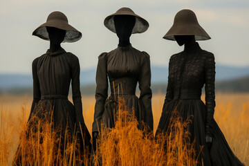 Silhouettes of three African women in a field in black vintage clothes. African women in the field. Wild West.