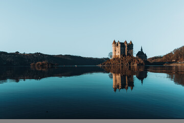 Beautiful castle of Val with a perfect reflexion on the water, France tourism