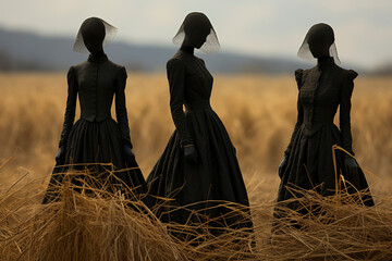 Silhouettes of three African women in a field in black vintage clothes. African women in the field. Wild West. - 746081483