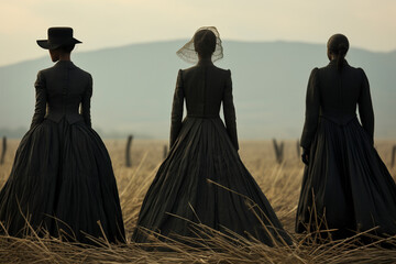 Silhouettes of three African women in a field in black vintage clothes. African women in the field. Wild West. - 746081494