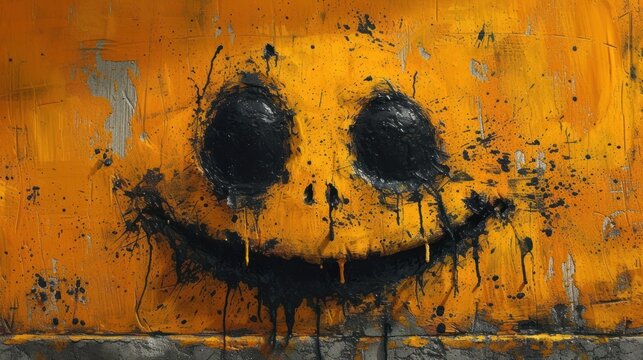  a smiley face painted on the side of a yellow wall with black paint splattered all over it and a black hole in the middle of the middle of the face.