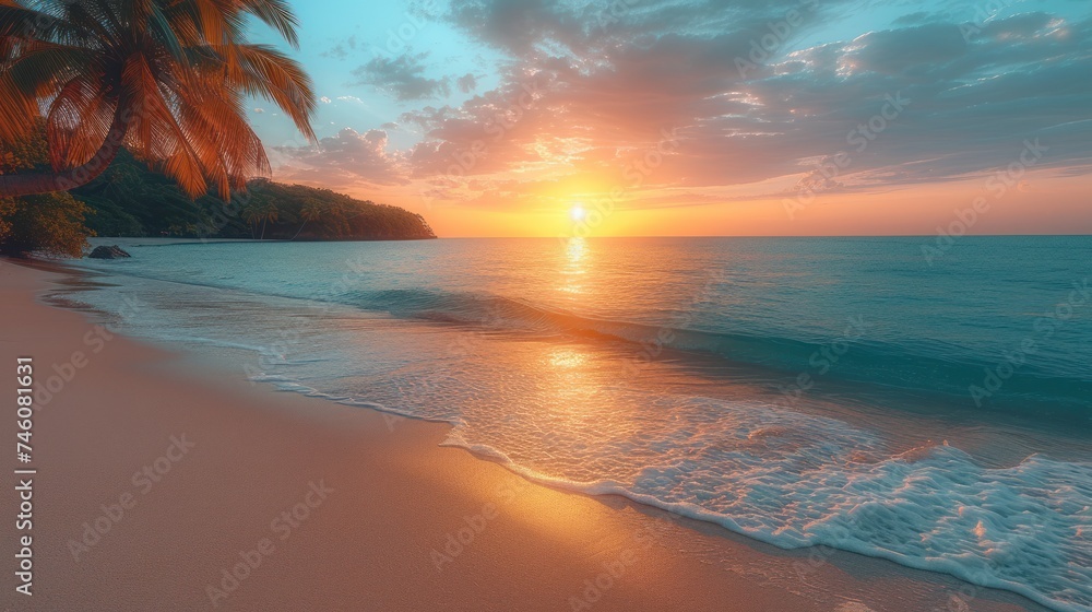 Wall mural the sun is setting over the ocean with palm trees in the foreground and a sandy beach on the other s