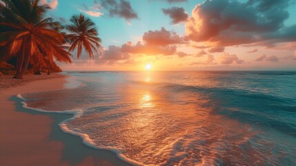  the sun is setting over the ocean with palm trees in the foreground and a beach on the far side of the ocean with waves coming in the foreground. - obrazy, fototapety, plakaty