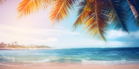 Fototapeten beach with palm trees,Tropic Beach Photos,Illustration image, beach scene with crystal-clear turquoise waters, powdery white sand, palm leaves, sparkling waves and blue sunny sky © muhammadjunaidkharal
