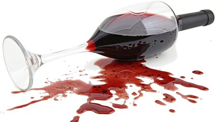 a glass of red wine is spilled on the floor next to a wine bottle with a magnifying glass on it.