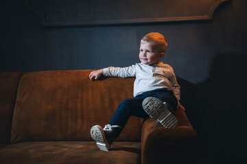 Adorable Handsome Little Rich Boy on Vintage Sofa in Dark Interior - 746081888