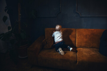 Adorable Handsome Little Cute Boy on Vintage Sofa in Dark Interior - 746082000