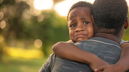 Young African American Boy Hugging and Embracing Father with Sad Face and Expression: Exploring Divorce and Childhood Trauma Themes
