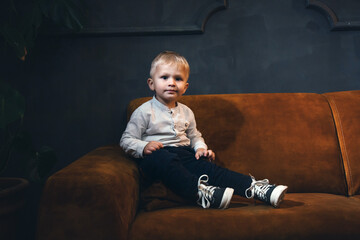 Adorable Handsome Little Cute Boy on Vintage Sofa in Dark Interior - 746082086