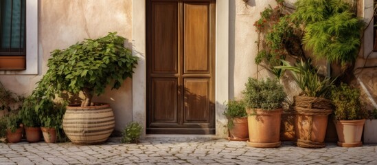 wooden entry door and a potted plant