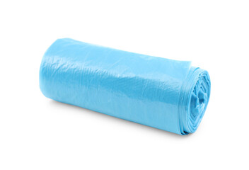 Roll of light blue garbage bags isolated on white