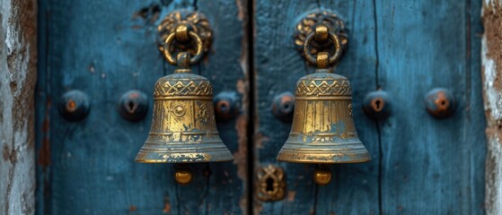  a close up of a metal bell on a blue door with a rusted metal door handle and a blue door with a rusted metal door knob on it. - obrazy, fototapety, plakaty