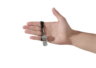 Referee holding whistle on white background, closeup