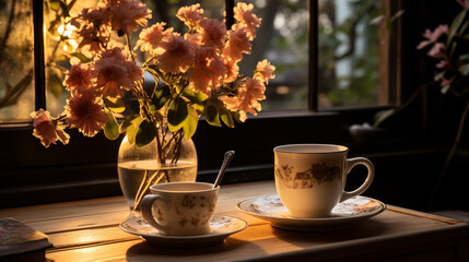 Un livre oublié, une tasse de thé, un chat endormi : une après-midi tranquille à la fenêtre. - obrazy, fototapety, plakaty