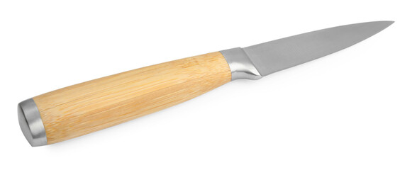 One sharp knife with wooden handle isolated on white