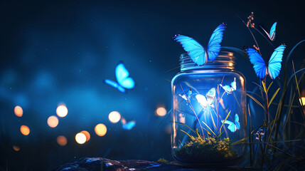 Butterflies, embodying dreams and desires, emerge from the jar and illuminate the night sky