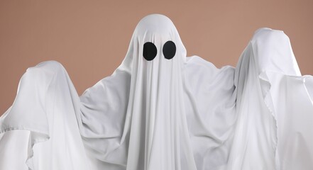 Creepy ghost. Person covered with white sheet on dark beige background