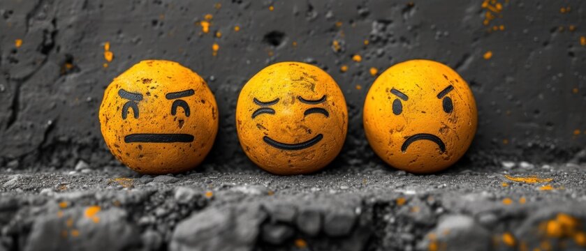  three oranges with faces drawn on them sitting in front of a black and white wall with orange sprinkles and a black and white wall behind them.