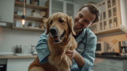 Portrait of a Young Smiling Male Veterinarian Caring for a Happy Golden Retriever in a Veterinary Office