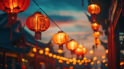 Fototapeta na wymiar Vibrant chinese lanterns hanging in a night sky. celebratory atmosphere in a cultural setting. warm glowing lights capturing a traditional event. AI