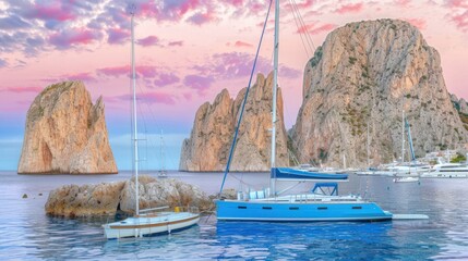 a group of boats floating on top of a body of water next to a large mountain covered in a pink sky.