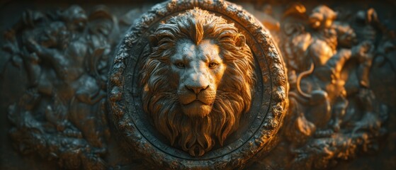 Obraz premium a close up of a lion's head on a metal doorknob with a lion's head in the center of the lion's head and a lion's head on the door.