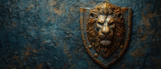 a close up of a lion's head on a stone wall with a shield on it's face and a rivet of rusted metal rivets.