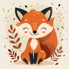Cute vector children illustration of a happy fox sitting in flowers, for print, children's books and products, cards.