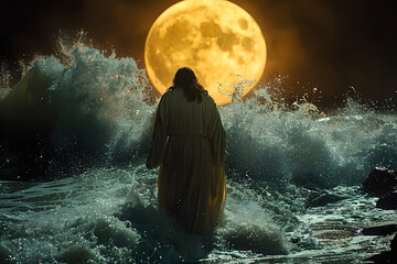 Jesus Christ walks on water at Night - obrazy, fototapety, plakaty