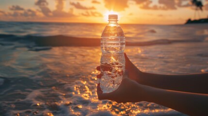 Hands holding a transparent water bottle against a beautiful beach sunset backdrop.