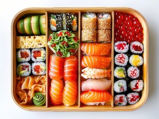 a wooden bento box knolling plenty of bento ingredients and sushi