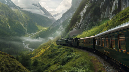 The train rushes through the beautiful places of the mountains