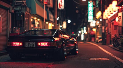 Aesthetics photo of Japanese city 80s with a retro sport car