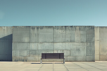 Minimalist urban scene with a single bench against a concrete wall. Modern architecture and solitude concept for design and print