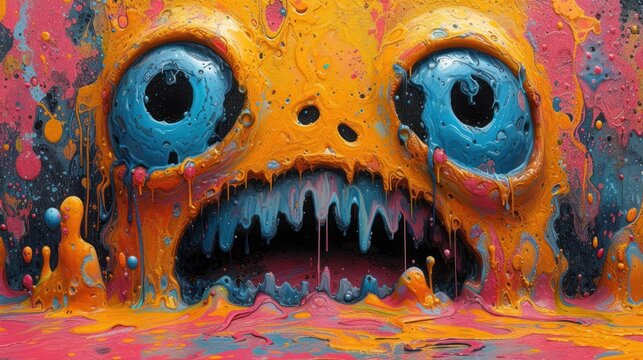  a close up of a painting of a monster face with blue eyes and a mouth full of yellow and orange paint splattered all over it's surface.