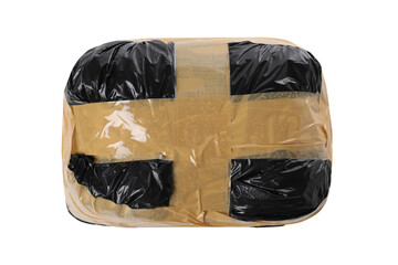 Package with narcotics isolated on white. Drug addiction