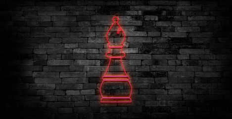Neon chessmen bishop icon. Glowing neon bishop sign, outline chess piece and silhouette in vivid...