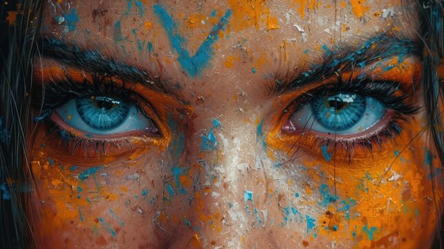  a close up of a woman's face with blue and orange paint all over her face and her eyes are covered in blue and orange and white speckles.