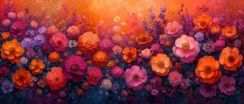  a painting of orange and pink flowers on a purple and orange background with water droplets on the bottom of the painting and the bottom of the painting is red and the bottom half of the painting.