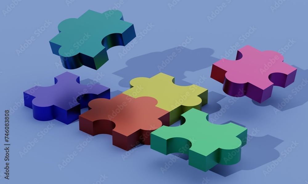 Poster studio background with metallic color puzzle. 3d rendering