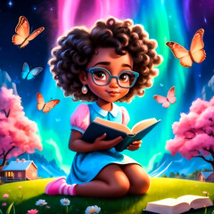 illustration african american girl reading a book in a fantasy world